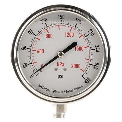 ZORO SELECT 4CFK3 Pressure Gauge, 0 to 300 psi, 1/4 in MNPT, Stainless Steel,