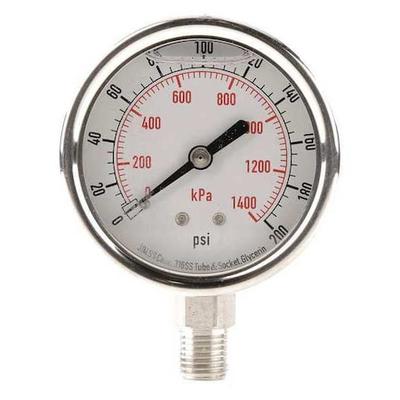 ZORO SELECT 4CFH6 Pressure Gauge, 0 to 200 psi, 1/4 in MNPT, Stainless Steel,