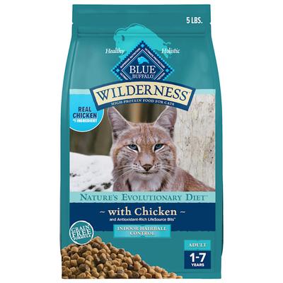 Blue Buffalo Wilderness Indoor Hairball Control High-Protein, Grain-Free Natural Chicken Dry Food for Adult Cats, 5 lbs.