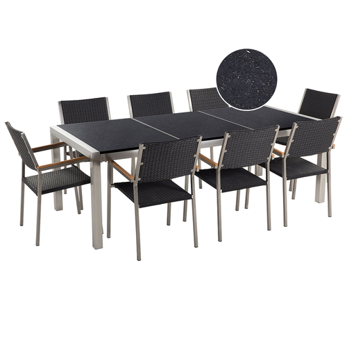 Gartenmöbel Set Schwarz Granit Edelstahl Tisch 220 cm Poliert 8 Rattanstühle Terrasse Outdoor Modern