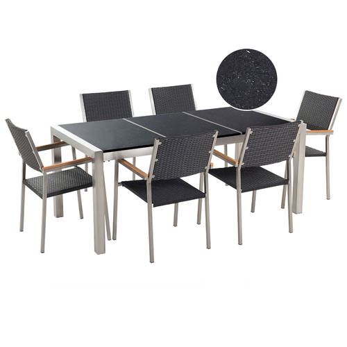 Gartenmöbel Set Schwarz Granit Edelstahl Tisch 180 cm Poliert 6 Rattanstühle Terrasse Outdoor Modern