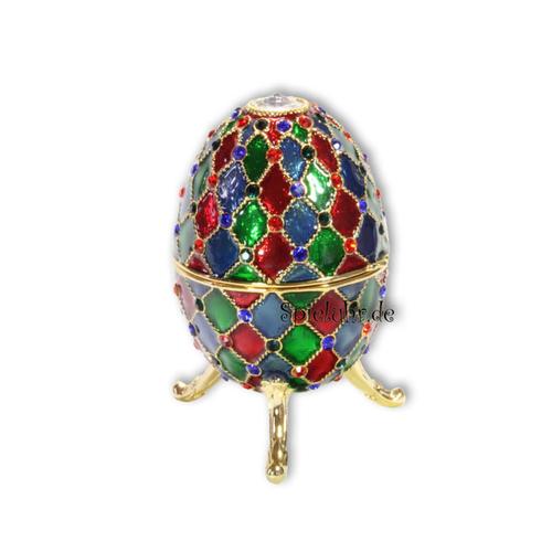 Spieluhren-Schmuck-Ei bunt mit Spieluhr nach Faberge-Art aus emailiertem Metall