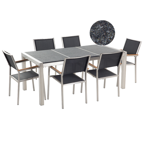 Gartenmöbel Set Schwarz Granit Edelstahl Tisch 180 cm mit 3 Platten Geflammt 6 Stühle Terrasse Outdoor Modern