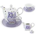 Tea for One Porcelain Tea Set with Teapot / Tea Cup / Saucer Owl Design Purple and White