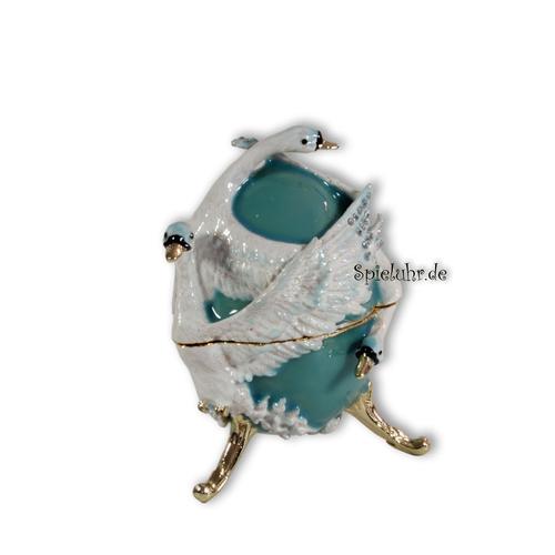 Schmuck Ei türkis mit weißen Schwänen und Spieluhr nach Faberge-Art aus emailiertem Metall