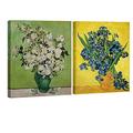 Wieco Art - Modern Irises in Vase by Van Gogh Classic Artwork Famous Oil Paintings Reproduction 2 Piece Wrapped Floral Giclee Canvas Prints Flowers Pictures on Canvas Wall Art for Bedroom Home Decor