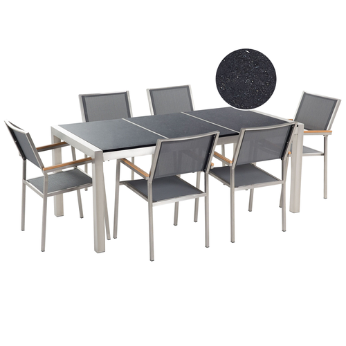 Gartenmöbel Set Schwarz Grau Granit Edelstahl Tisch 180 cm Poliert 6 Stühle Terrasse Outdoor Modern