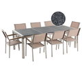 Gartenmöbel Set Grau Beige Granit Edelstahl Tisch 220 cm Poliert 8 Stühle Terrasse Outdoor Modern