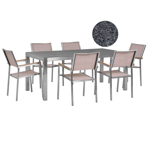 Gartenmöbel Set Beige Grau Granit Edelstahl Tisch 180 cm Poliert 6 Stühle Terrasse Outdoor Modern
