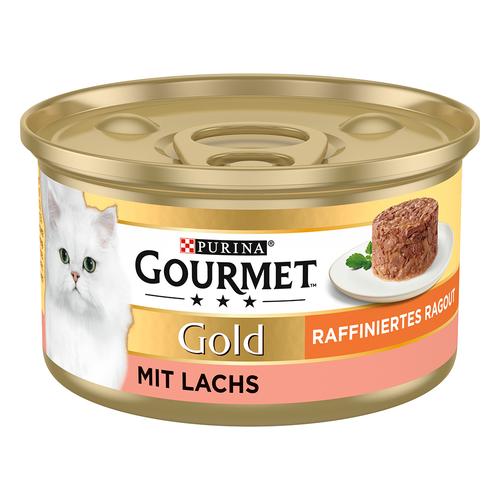 48 x 85g Raffiniertes Ragout Lachs Gourmet Gold Katzenfutter nass