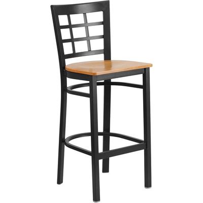 Flash Furniture Hercules Series Black Window Back Metal Restaurant Barstool - Natural Wood Seat - Fl