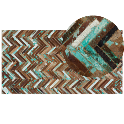 Teppich Braun-Beige-Blau 80 x 150 cm aus Leder mit viel Ausdruckskraft Handgefertigt Rechteckig Zackenmuster Modern