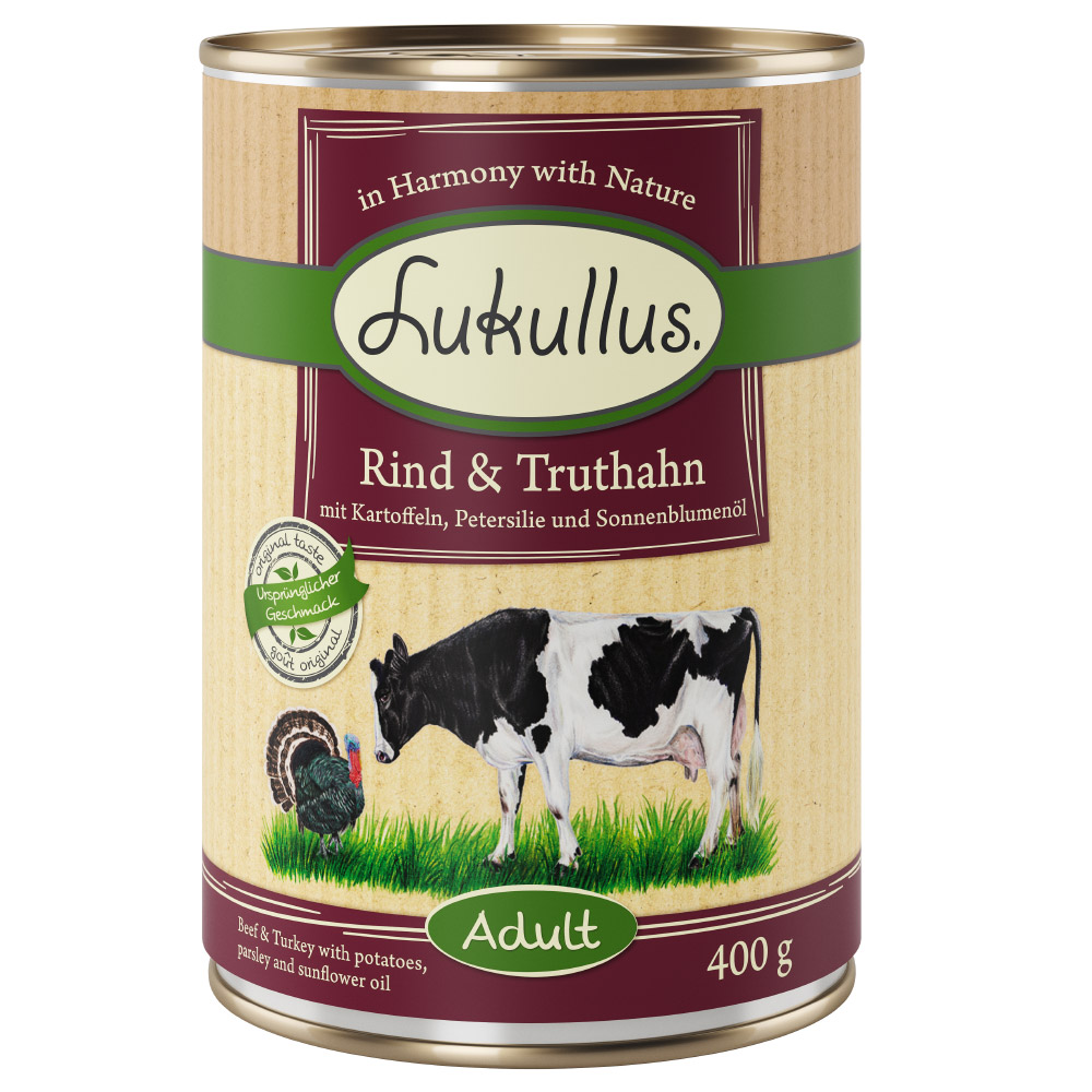 Lukullus 24 x 400 g Alimento umido per cani - Manzo & Tacchino - senza cereali