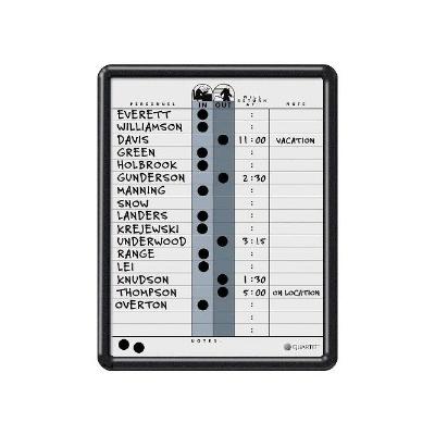 Employee In/Out Board, Porcelain, 11 x 14, Gray, Black Plastic Frame, White