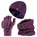 Heat Holders - Womens Thermal winter fleece cable knit Hat, Neck Warmer and Converter Gloves set (Purple Marl)
