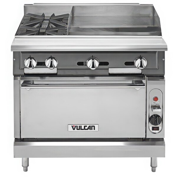 Vulcan V2BG4TS-NAT V Series Natural Gas 36" 2 Burner Heavy-Duty Thermostatic Range with 24" Right Side Griddle and Standard Oven Base - 176,000 BTU