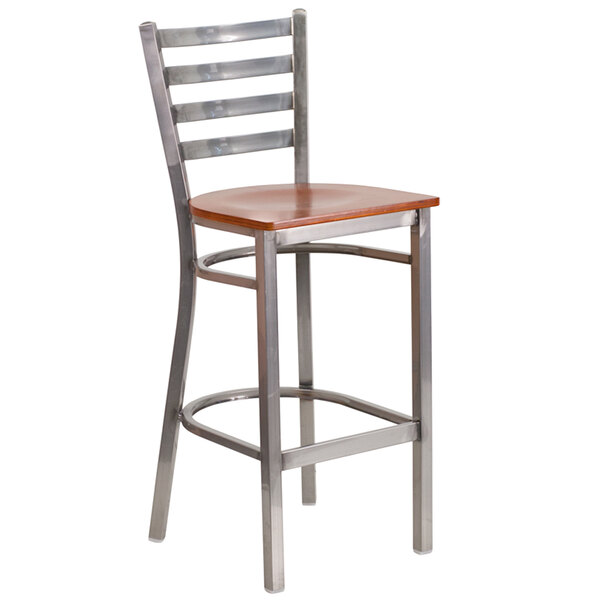 Flash Furniture XU-DG697BLAD-CLR-BAR-CHYW-GG Clear-Coated Ladder Back Metal Restaurant Barstool with Cherry Wood Seat