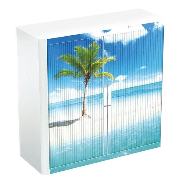 easyOffice Rollladenschrank Motiv Palme am Strand silber, 110x104x41.5 cm Image