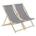 Harbour Housewares 2x Black/White Stripe Wooden Deck Chair Traditional FSC Wood Folding Adjustable Garden/Beach Sun Lounger Recliner