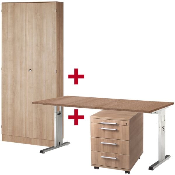 HAMMERBACHER Möbel-Set »O-Line« 3-teilig, Schreibtisch mit C-Fuß braun