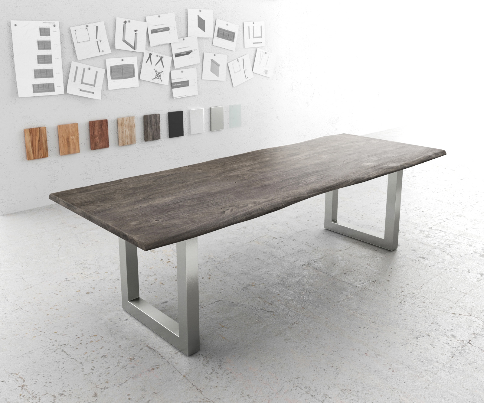 DELIFE Esstisch Edge 260x100 Akazie Platin Edelstahl Breit Live-Edge, Esstische, Baumkantenmöbel, Massivholzmöbel, Massivholz Image