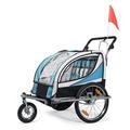 SAMAX Children Bike Trailer 2in1 Kids Jogger Stroller with Suspension 360° rotatable Childs Bicycle Trailer Transport Buggy Carrier for 2 Kids in Blue - Silver Frame