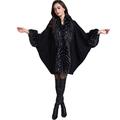 PLAER Women's Faux Fox Fur Trim Cape Poncho Cloak Coat Knitting Fashion Cape (Black)