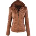 Newbestyle Faux Leather Jacket for Women Hooded Moto Biker Jacket Full-zip Long Sleeve Outwear Tops