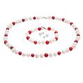 TreasureBay Elegant Red Coral and White Freshwater Pearl Necklace Bracelet and Earrings Set