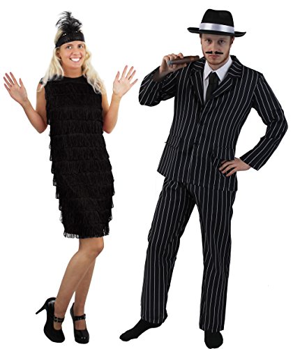 COUPLES 1920's GANGSTER & FLAPPER GIRL FANCY DRESS COSTUME - PINSTRIPE GANGSTER SUIT + BLACK TRILBY HAT | LADIES BLACK FRINGE FLAPPER DRESS WITH FEATHER HEADBAND BY ILOVEFANCYDRESS® (MENS: XXL + LADIES: XXL)