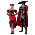 Halloween Day of the Dead Costume for Couples - Mens Sugar Skull Senor with Sombrero & Velour Cape/Womens Sugar Skull Senorita Dress with Mask & Black Roses - Mexican Costume (Ladies - M | Mens: M)