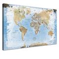 LANA KK - Weltkarte Leinwandbild mit Korkrückwand zum pinnen der Reiseziele – „Weltkarte Ice” - deutsch - Kunstdruck-Pinnwand Globus in blau, einteilig & fertig gerahmt in 120x80cm