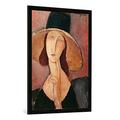 Gerahmtes Bild von Amedeo Modigliani "Portrait of Jeanne Hebuterne in a large hat, c.1918-19", Kunstdruck im hochwertigen handgefertigten Bilder-Rahmen, 70x100 cm, Schwarz matt