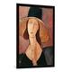 Gerahmtes Bild von Amedeo Modigliani "Portrait of Jeanne Hebuterne in a large hat, c.1918-19", Kunstdruck im hochwertigen handgefertigten Bilder-Rahmen, 70x100 cm, Schwarz matt