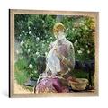 Gerahmtes Bild von Berthe Morisot Pasie sewing in Bougival's Garden, 1881", Kunstdruck im hochwertigen handgefertigten Bilder-Rahmen, 70x50 cm, Silber raya