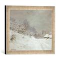 Gerahmtes Bild von Claude Monet Environs de Honfleur. Neige. (La Route devant la ferme Saint-Siméon, l'hiver), Kunstdruck im hochwertigen handgefertigten Bilder-Rahmen, 40x30 cm, Silber raya