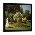 Gerahmtes Bild von Claude Monet C.Monet, Dame im Garten/1867, Kunstdruck im hochwertigen handgefertigten Bilder-Rahmen, 70x50 cm, Schwarz matt