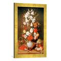 Gerahmtes Bild von Jeremias van Winghe Blumen einer Vase mit Früchten und einem Römer, Kunstdruck im hochwertigen handgefertigten Bilder-Rahmen, 40x60 cm, Gold raya