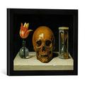Gerahmtes Bild von Philippe de Champaigne Vanitas, Allegorie der Vergänglichkeit mit Totenkopf und Stundenglas, Kunstdruck im hochwertigen handgefertigten Bilder-Rahmen, 40x30 cm, Schwarz matt