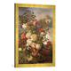 Gerahmtes Bild von Alexandre Debrus Stilleben mit Rosen vor einer Flußlandschaft, Kunstdruck im hochwertigen handgefertigten Bilder-Rahmen, 50x70 cm, Gold raya