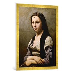Gerahmtes Bild von Camille Corot "La femme à la perle", Kunstdruck im hochwertigen handgefertigten Bilder-Rahmen, 60x80 cm, Gold raya