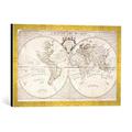 Gerahmtes Bild von John & John Senex & Maxwell "A Map of the World, Corrected from the Observations communicated to the Royal Societies of London and Paris, to the Right Honour", Kunstdruck im hochwertigen handgefertigten Bilder-Rahmen, 60x40 cm, Gold...