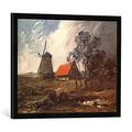 Gerahmtes Bild von Wilhelm Busch Herbstlandschaft mit Windmühle und rotem Haus, Kunstdruck im hochwertigen handgefertigten Bilder-Rahmen, 70x50 cm, Schwarz matt