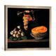 Gerahmtes Bild von Baltazar Gomes Figueira Stilleben mit Feigen, Weintraube und Melone, Kunstdruck im hochwertigen handgefertigten Bilder-Rahmen, 70x50 cm, Silber raya