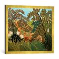 Gerahmtes Bild von Henri Rousseau Exotische Landschaft mit spielenden Affen, Kunstdruck im hochwertigen handgefertigten Bilder-Rahmen, 70x50 cm, Gold Raya