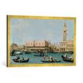 Gerahmtes Bild von Giovanni Antonio Canaletto "Venedig, Dogenpalast und Marcusplatz vom Bacino di San Marco", Kunstdruck im hochwertigen handgefertigten Bilder-Rahmen, 100x50 cm, Gold Raya