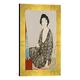 Gerahmtes Bild von Goyo Hashiguchi "Eine Schönheit in einem schwarzen Kimono mit weißem Hanabishi Muster vor einem Spiegel sitzend. Dai oban tate-e", Kunstdruck im hochwertigen handgefertigten Bilder-Rahmen, 30x40 cm, Gold Raya
