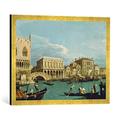 Gerahmtes Bild von Giovanni Antonio Canaletto Mole und Riva degli Schiavoni vom Bacino di S.Marco aus, Kunstdruck im hochwertigen handgefertigten Bilder-Rahmen, 70x50 cm, Gold Raya