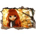 Pixxprint 3D_WD_S1064_92x62 rothaariges Pullip Püppchen in Goldenem Licht Wanddurchbruch 3D Wandtattoo, Vinyl, Bunt, 92 x 62 x 0,02 cm