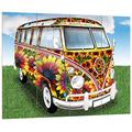 Pixxprint HBVs_2001_80x60 Hippie Bus mit Vielen Blumen MDF-Holzbild im Bretterlook Wanddekoration, Bunt, 80 x 60 x 2 cm